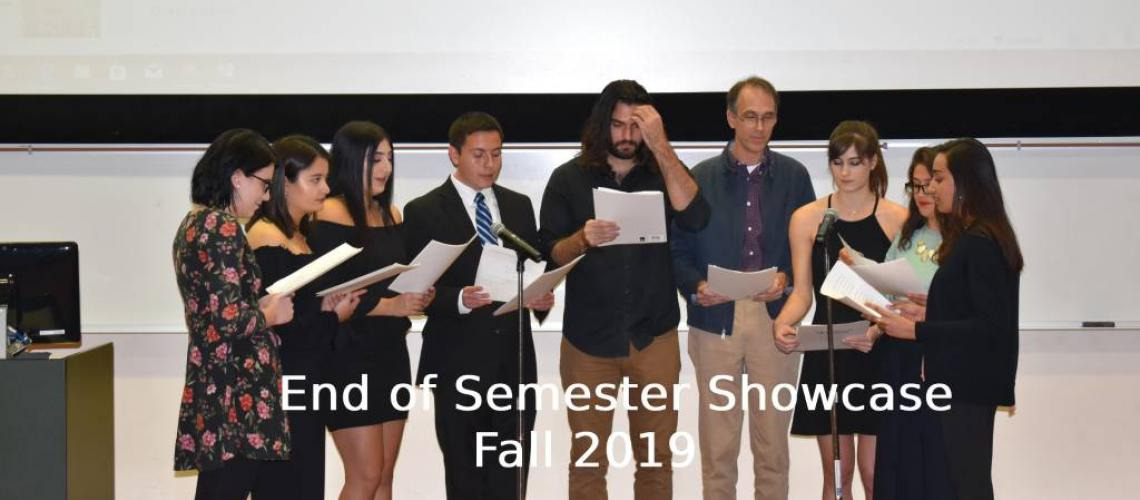 students at microphone presenting at 2019 Persian Showcase